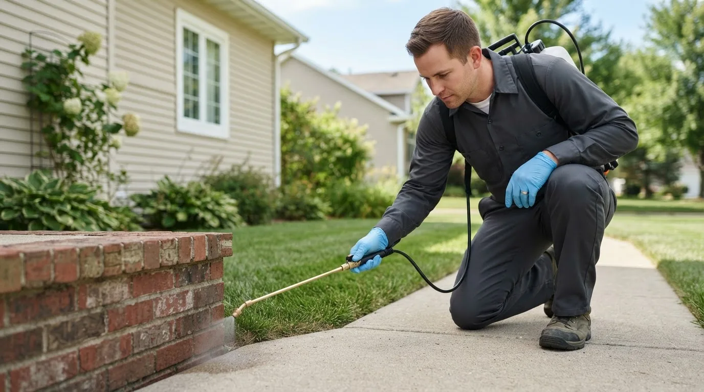 Pest control technician treating a home near Brockway, MT